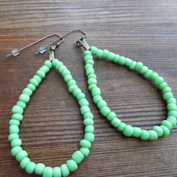 Handmade Jewelry Lime Green Long Hoop Dangle Beaded Earrings